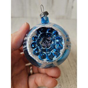 Vintage blue glitter indent ball mercury glass ornament Xmas silver glitter tree